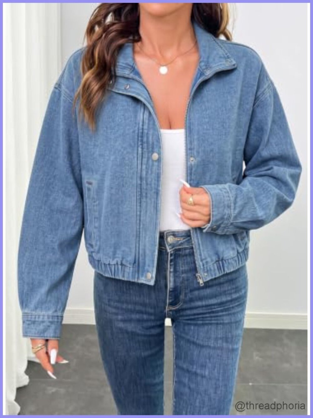 Womens Cropped Oversized Denim Bomber Jacket Zip Up Stand Collar - Picture 2 of 6